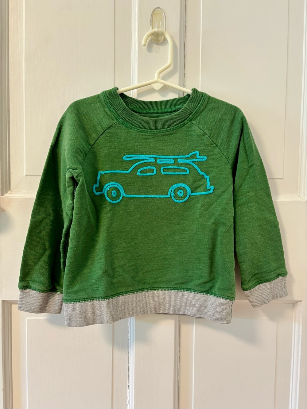 Boden Green Sweatshirt with Blue Car Graphic